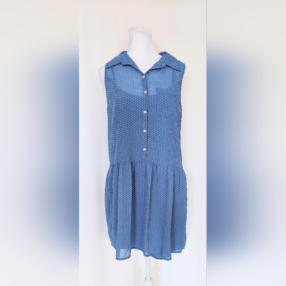 Frenchi Sleeveless Button Front Shirt Dress Blue Polka Dot Size Medium